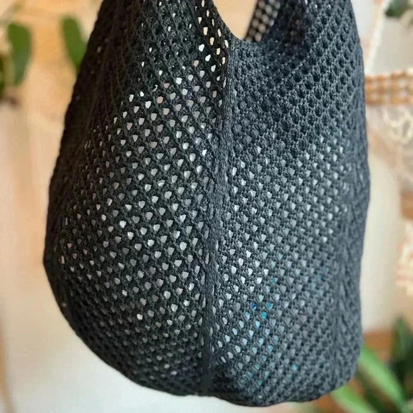 Boho Crochet Black Tote Bag with Colorful Beads - 15x12 Handmade Market Bag - Picture 6 of 9